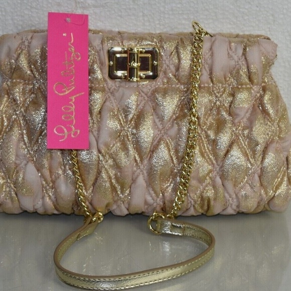 Lilly Pulitzer, New with Tag, Chancey Gold Quilted Clutch with optional strap - Picture 9 of 12